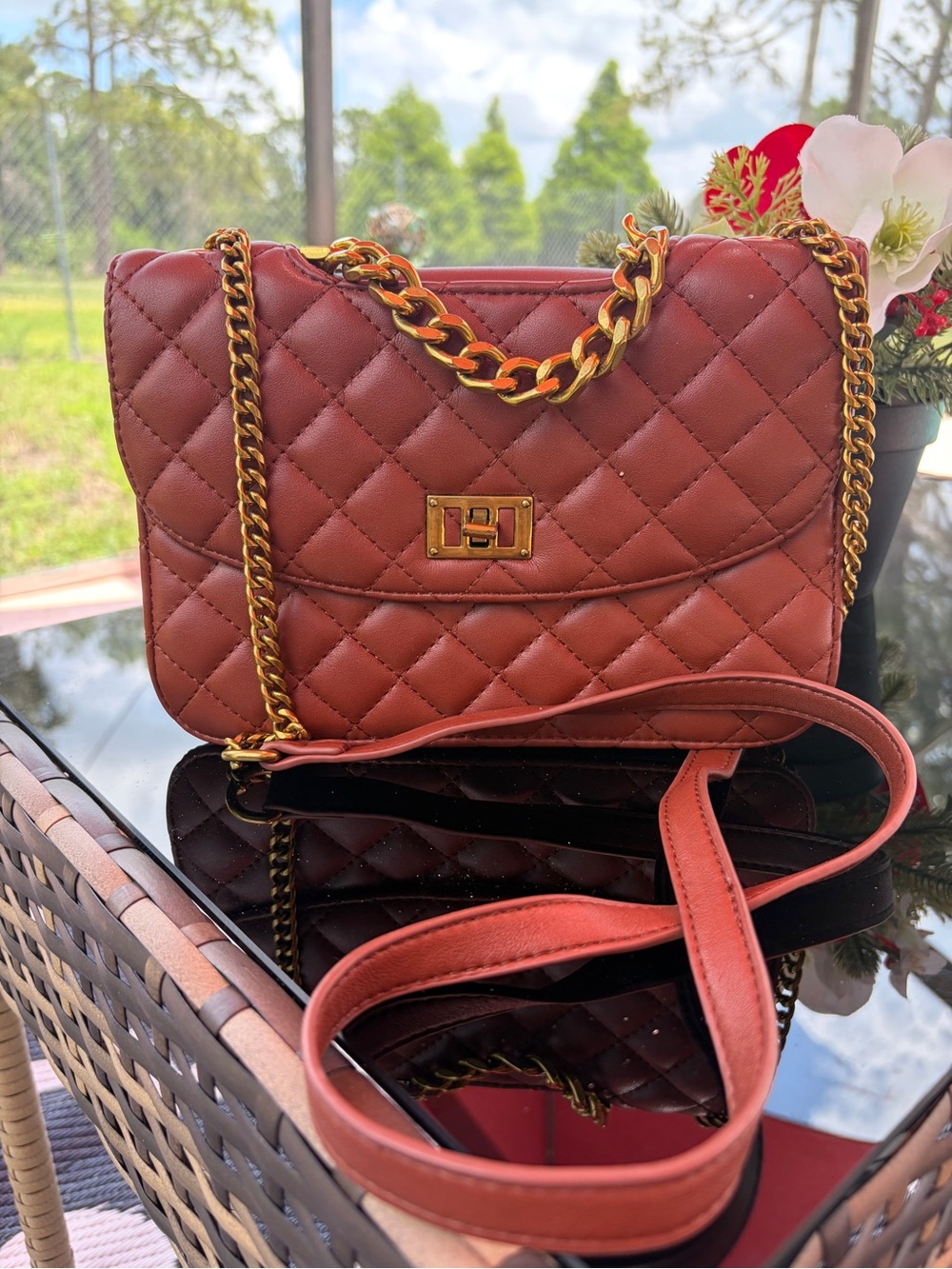 Madison West Quilted Crossbody Bag in Brick Red with Gold Chain